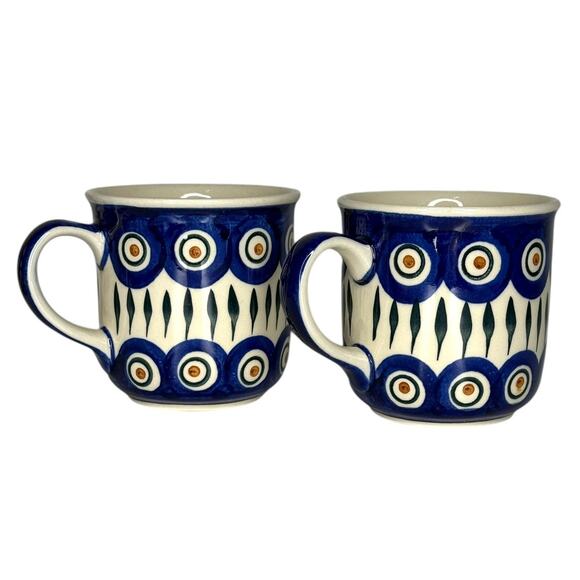 Boleslawiec Polish Pottery Peacock Mugs Pair of 2 Handmade Stoneware - Picture 9 of 9